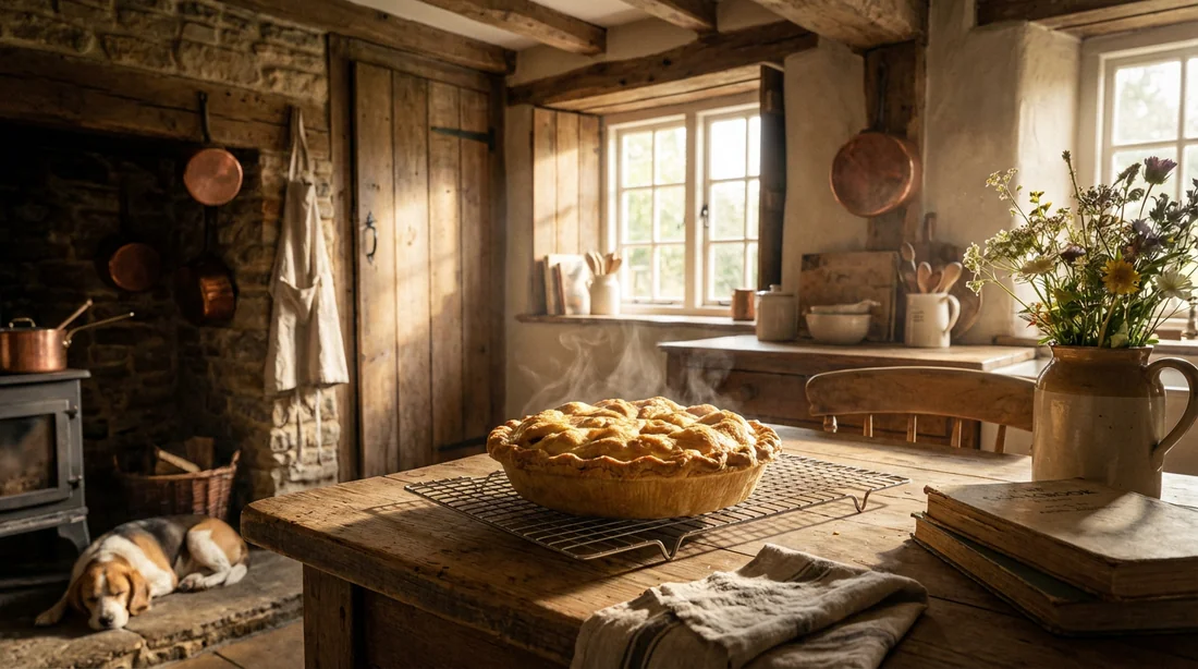 Cuisine rustique lumineuse avec une tarte fraîche sur une table en bois évoquant une ambiance de maison de famille.