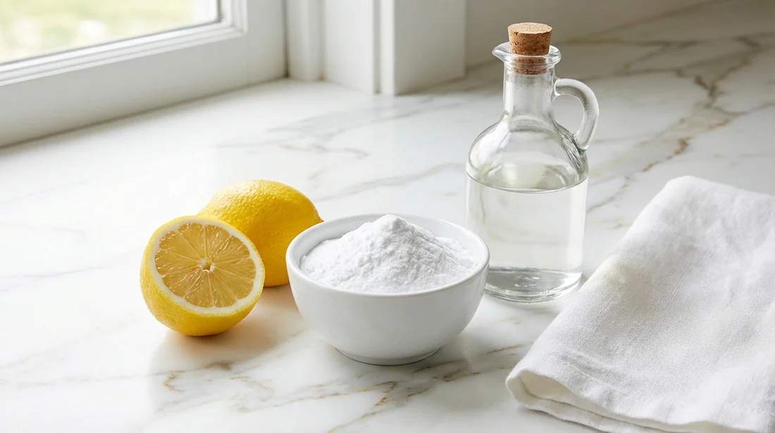 Ingrédients de nettoyage naturels dont du citron, du bicarbonate et du vinaigre blanc sur un plan de travail propre.