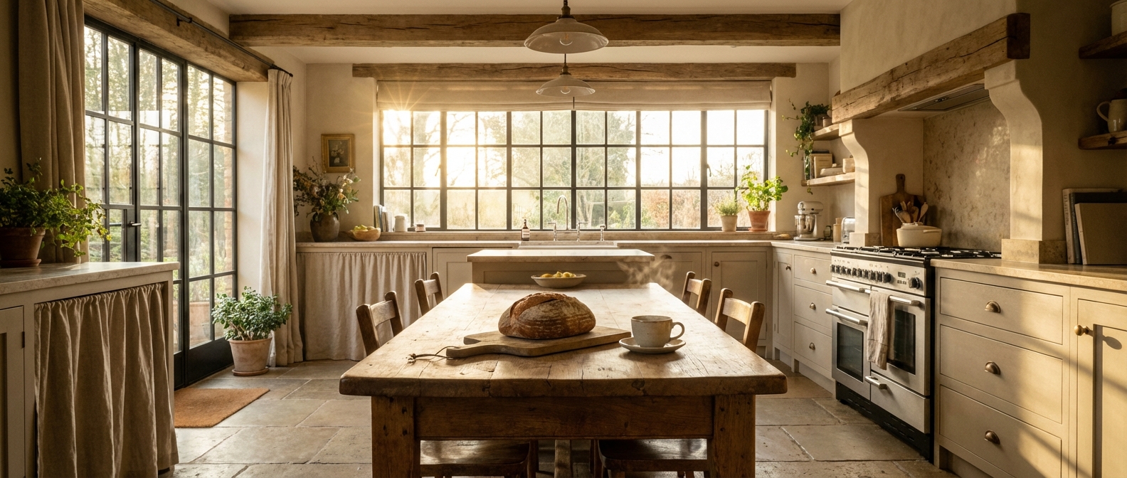 Intérieur de maison chaleureux et lumineux avec du pain frais sur une table en bois
