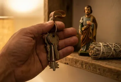 Main tenant des clés de maison avec des objets rituels en arrière-plan flou.