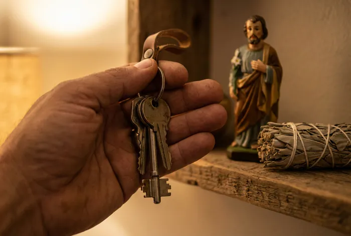 Main tenant des clés de maison avec des objets rituels en arrière-plan flou.
