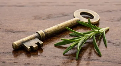 Une clé de maison ancienne sur un bois noble avec du romarin frais