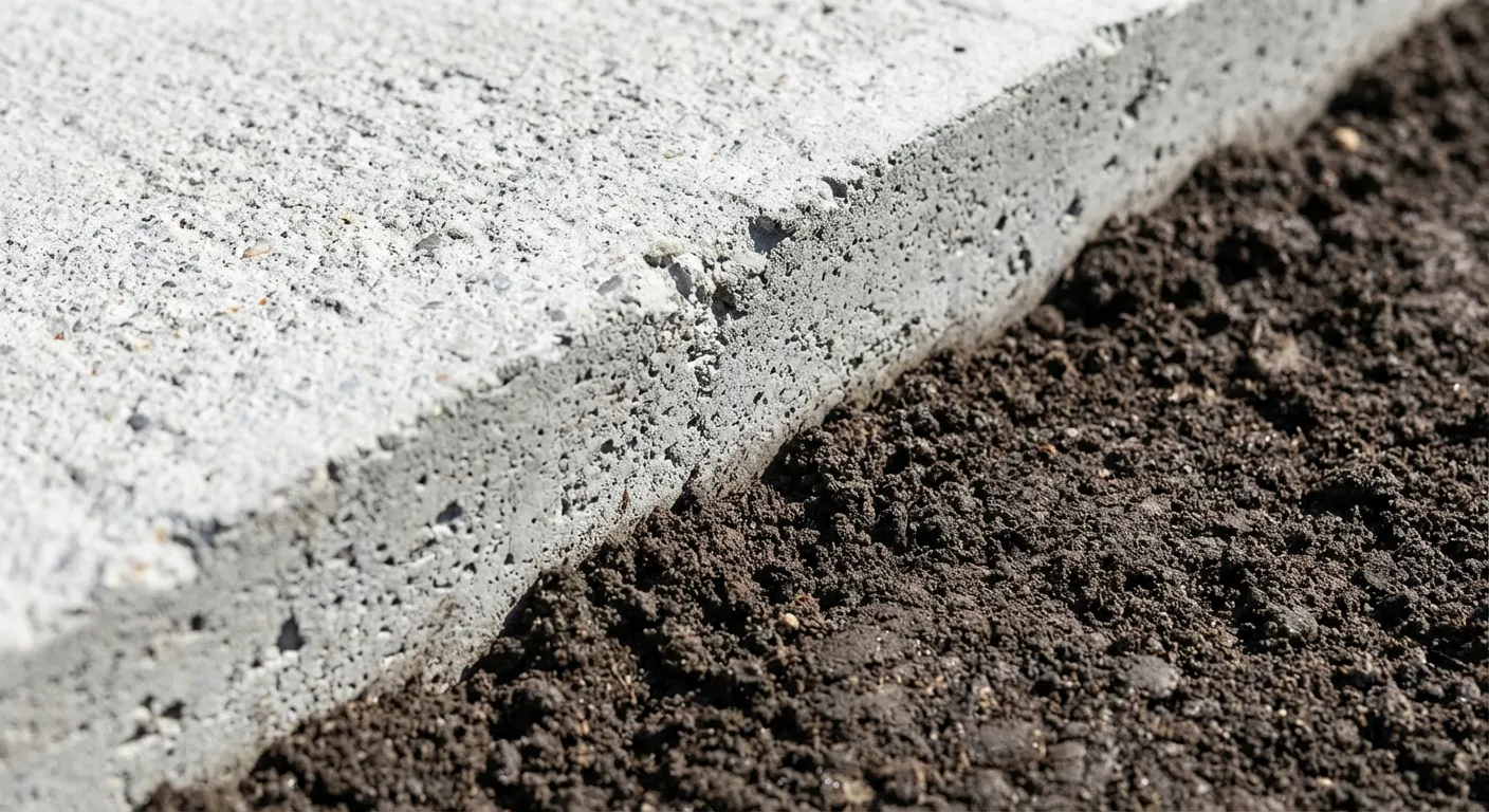 Détail structurel d'une bêche de dallage en béton montrant l'ancrage dans le sol.