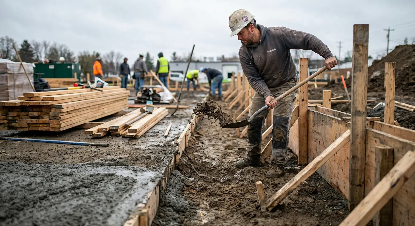 Mise en œuvre technique d'une bêche périphérique lors du coulage d'un dallage extérieur.