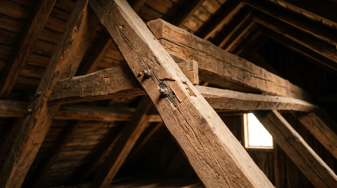 Gros plan sur les poutres en bois d'une charpente traditionnelle