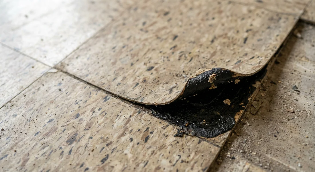 Reconnaître l'amiante sous un vieux lino en dalles Ancien sol en dalles vinyle des années 70 avec coin décollé et colle noire suspecte