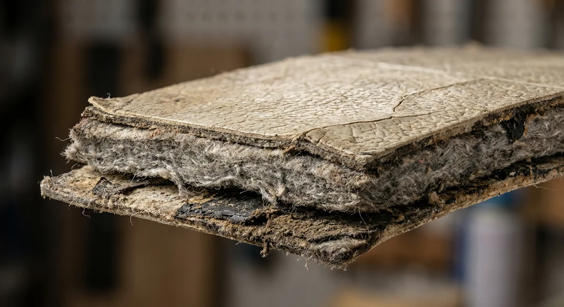 Détail de la sous-couche fibreuse grise d'un revêtement de sol ancien