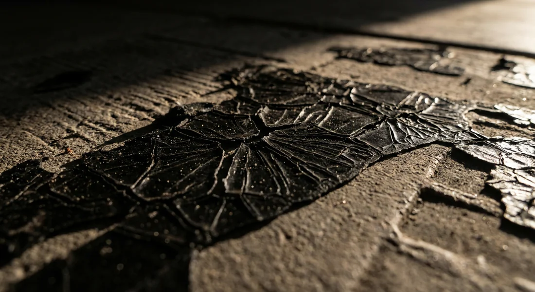 Indices visuels de la colle amiantée Gros plan sur de la colle bitumineuse noire potentiellement amiantée