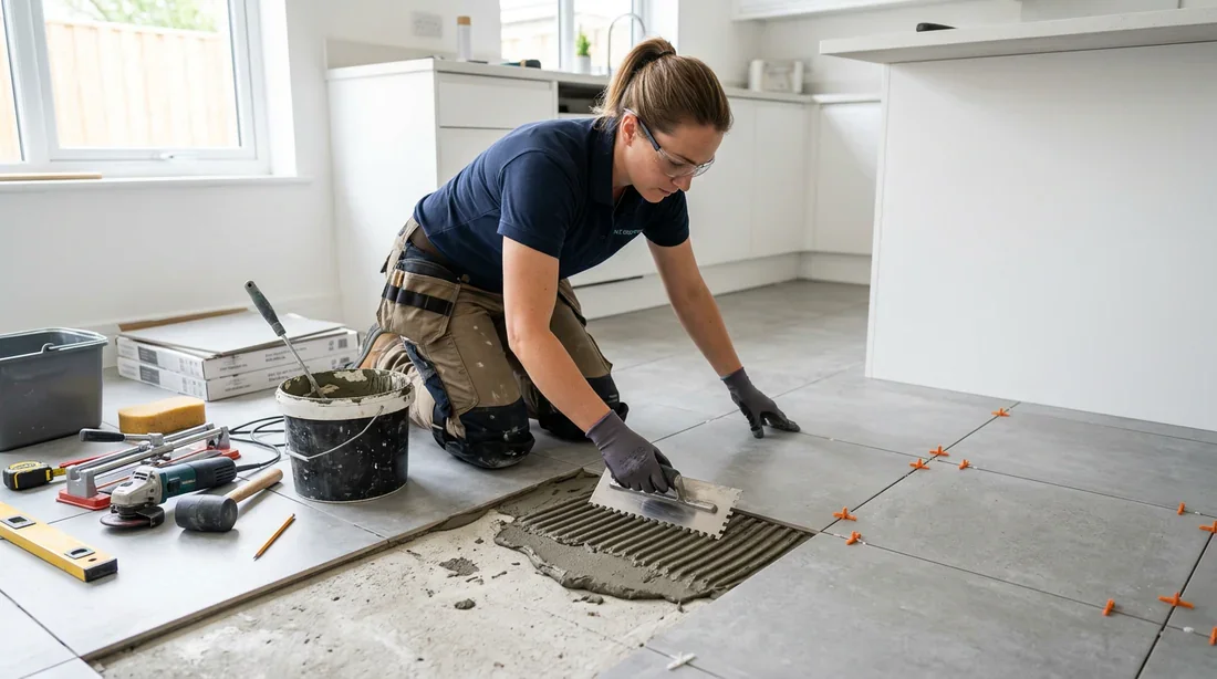 Réparation et pose de nouveau carrelage par un professionnel Artisan carreleur préparant le sol pour réparer un carrelage décollé