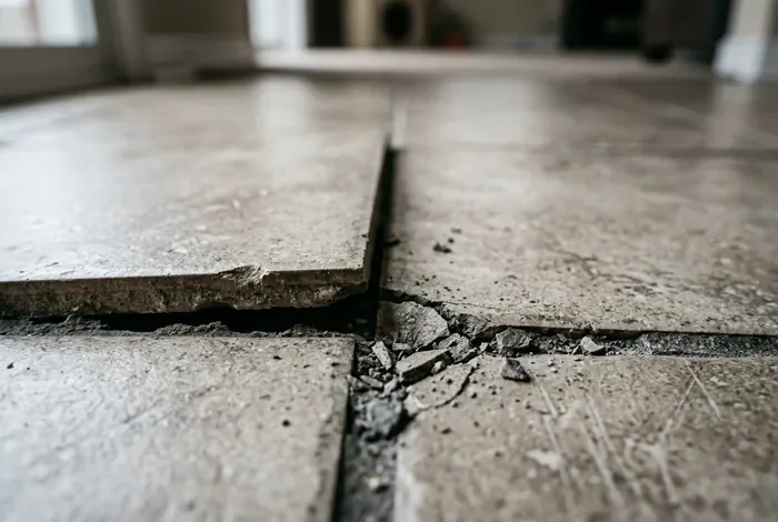 Carrelage qui gonfle & se soulève : causes et solutions - Carrelage Soulevé : 5 Causes et 4 Étapes pour Réparer ! - Pourquoi votre carrelage se soulève et comment réparer ? Gros plan sur un joint de carrelage fissuré et un carreau décalé