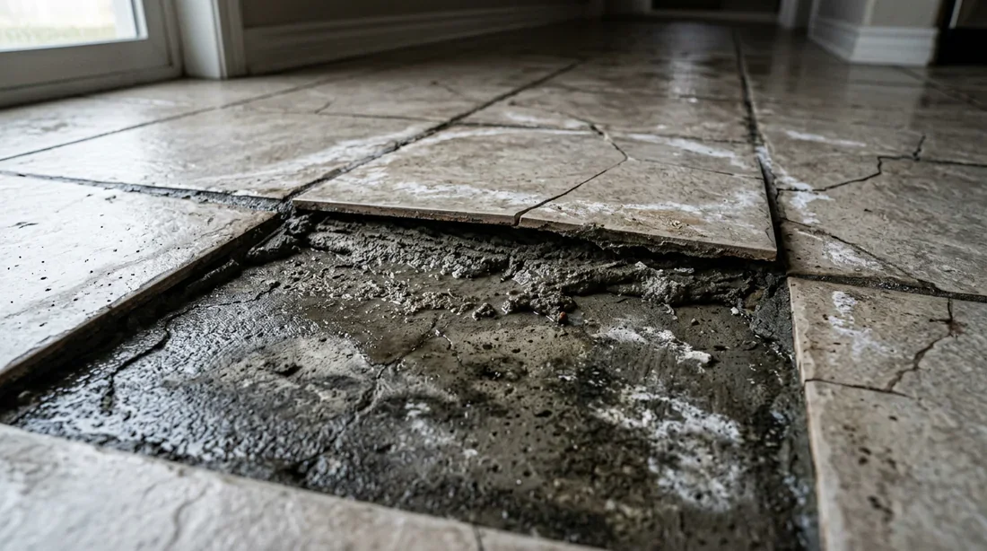 Infiltration d'humidité et décollement de carrelage Infiltration d'humidité sous le carrelage entraînant le décollement des carreaux