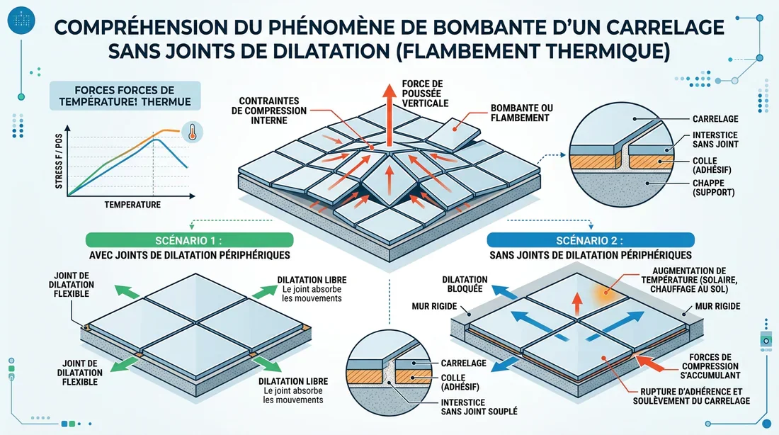 Schéma des forces de dilatation sur carrelage Schéma explicatif des forces de dilatation et de l'effet de tente sur le carrelage