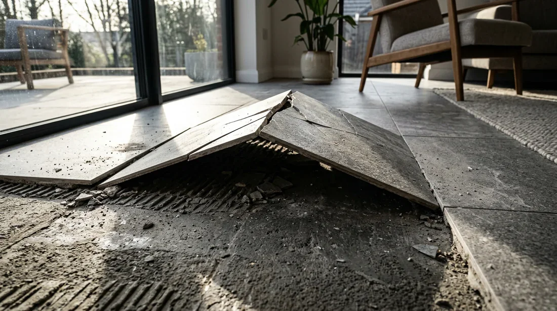 Carrelage soulevé en effet de tente dans un salon Sol de salon moderne avec carrelage soulevé formant un effet de tente