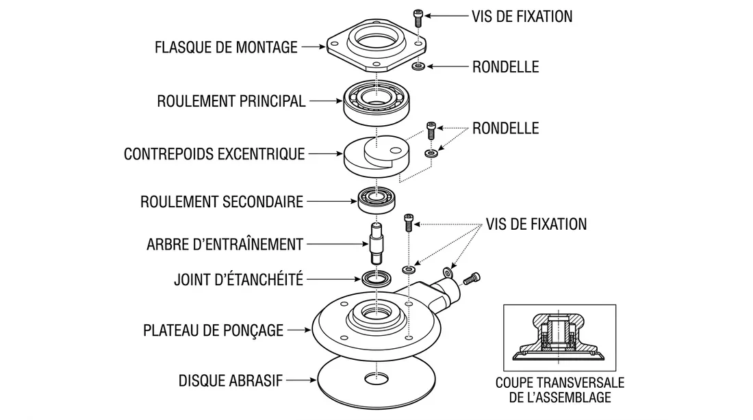 Vue éclatée du système de fixation du plateau Schéma technique des composants d'une ponceuse Parkside