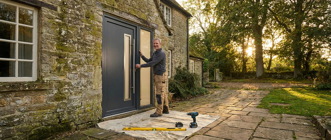 Installation d'une porte d'entrée moderne en rénovation Propriétaire installant une porte d'entrée moderne anthracite sur une façade en pierre