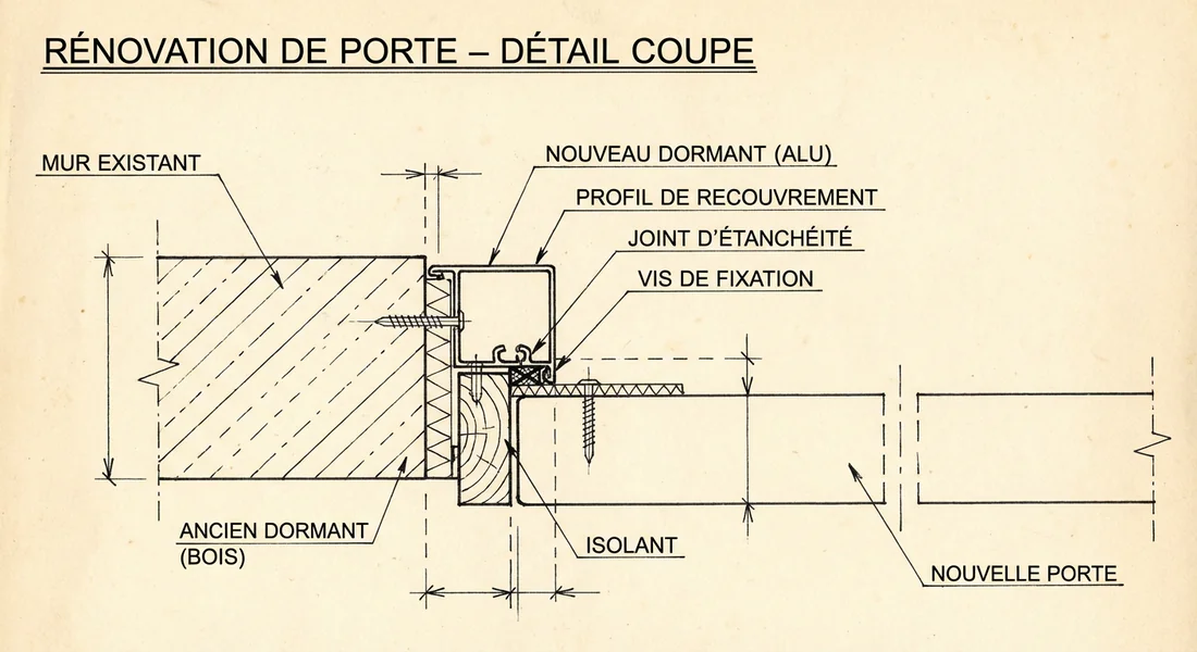 Principe de la pose sur cadre existant Schéma technique de la pose d'une porte en rénovation sur cadre