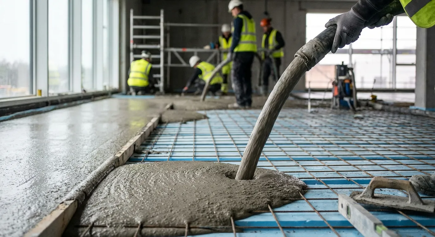 Coulage de la chape fluide sur un isolant avec treillis de renfort