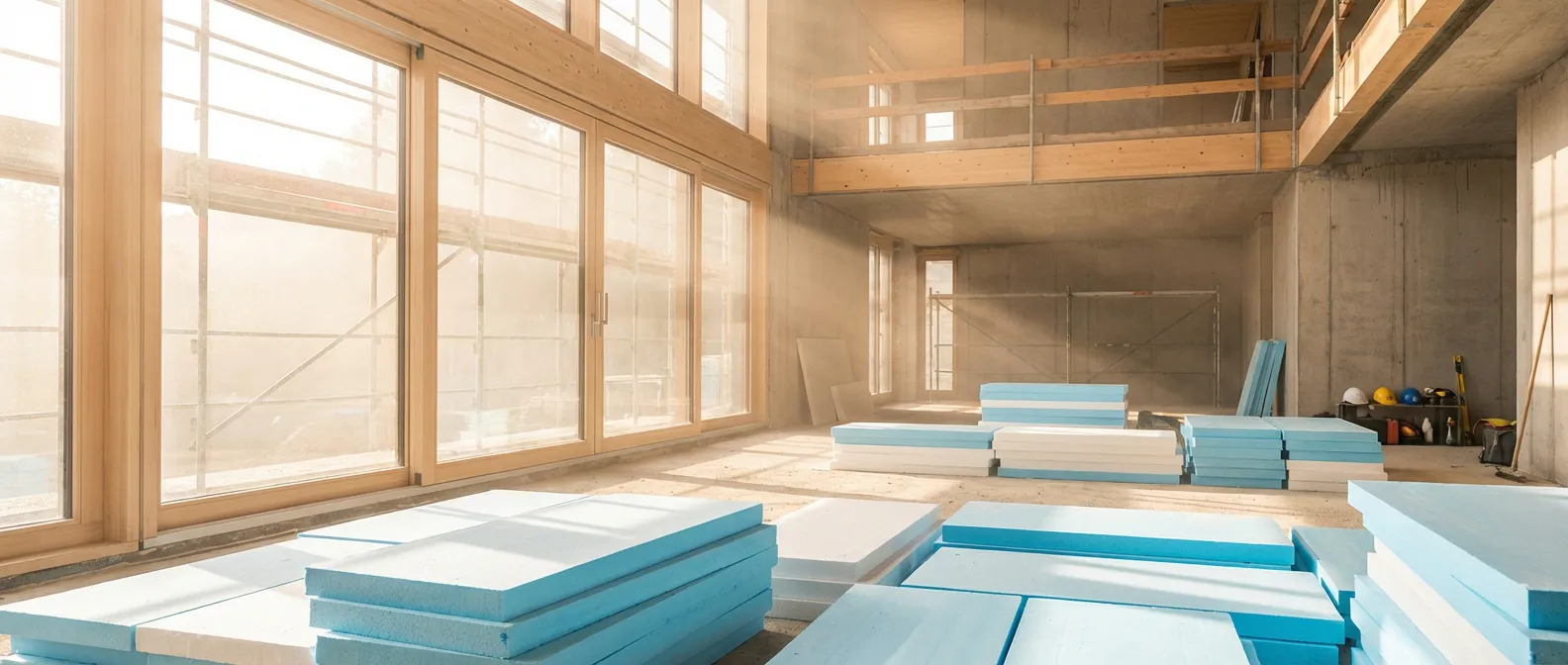 Vue panoramique d'un chantier moderne avec pose de panneaux isolants en polystyrène au sol