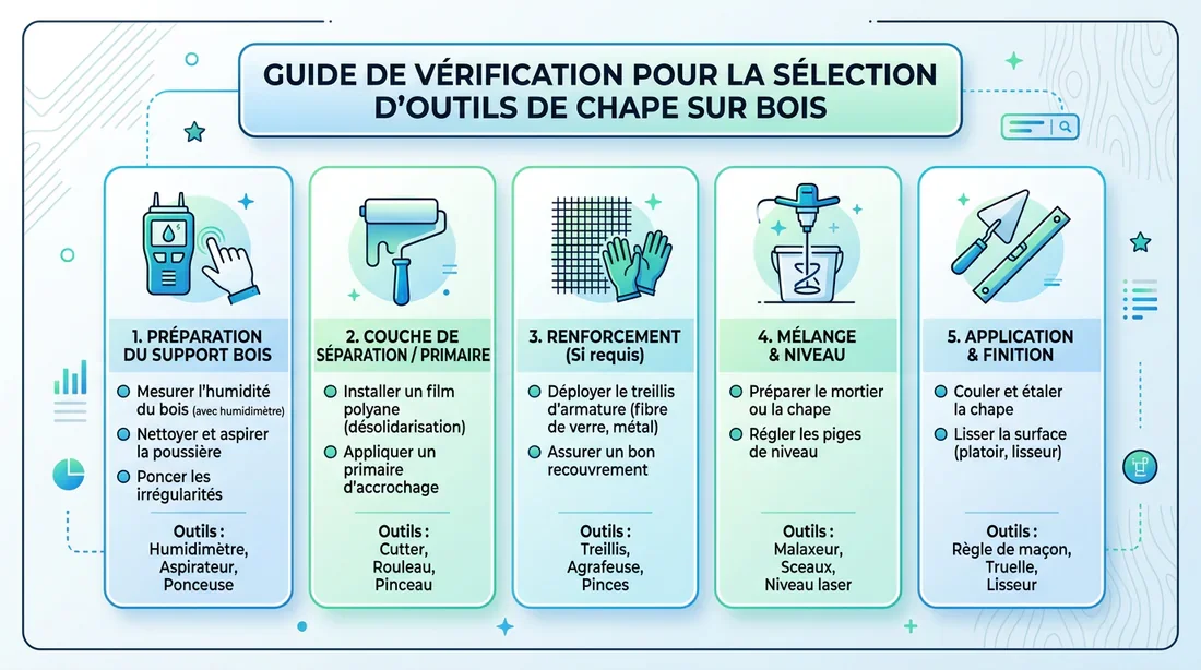Infographie des outils nécessaires pour le coulage de ciment sur bois