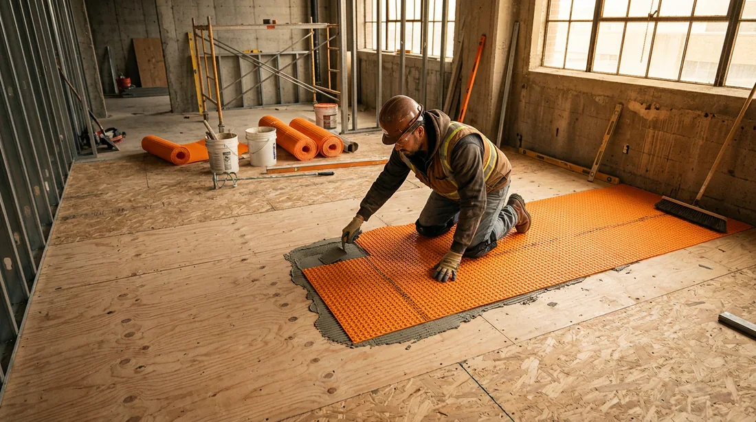 Pose d'une natte de désolidarisation sur un plancher bois avant coulage