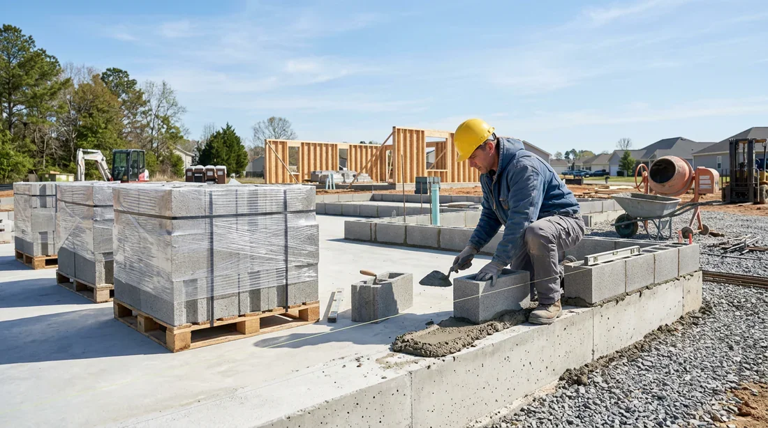 Pose de la première rangée de parpaings sur un chantier Chantier de construction d'une maison de plain-pied avec maçon posant des parpaings sur les fondations.