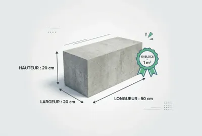 Infographie synthétique montrant un parpaing 20x20x50 cm et le ratio 10 blocs par mètre carré.