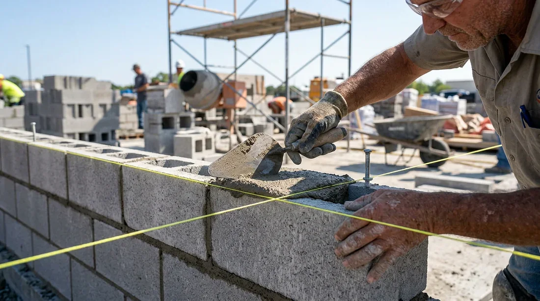 Application du mortier d'assemblage pour blocs de béton Maçon étalant du mortier avec une truelle le long d'un cordon d'alignement.