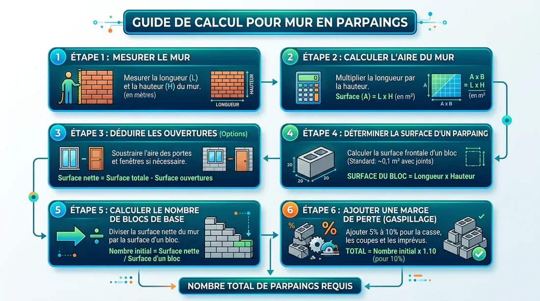 Méthode de calcul du nombre de parpaings nécessaires Schéma explicatif du calcul de la quantité de parpaings selon la surface du mur.
