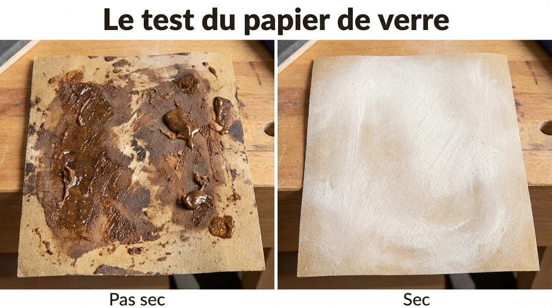 Comparatif du test au papier de verre pour savoir si la lasure est sèche.