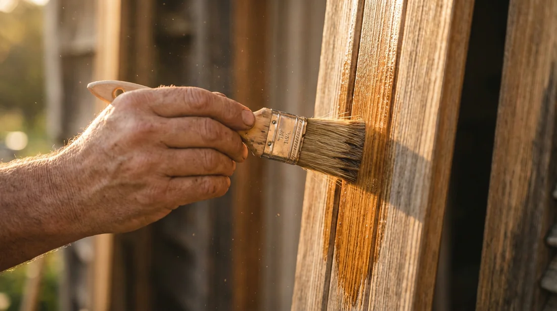 Application de la lasure sur un volet en bois Main appliquant de la lasure sur un volet en bois avec une lumière dorée soulignant le veinage.