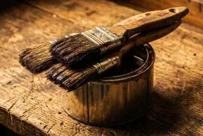 Pinceaux de peintre posés sur un pot de lasure ouvert sur fond bois.