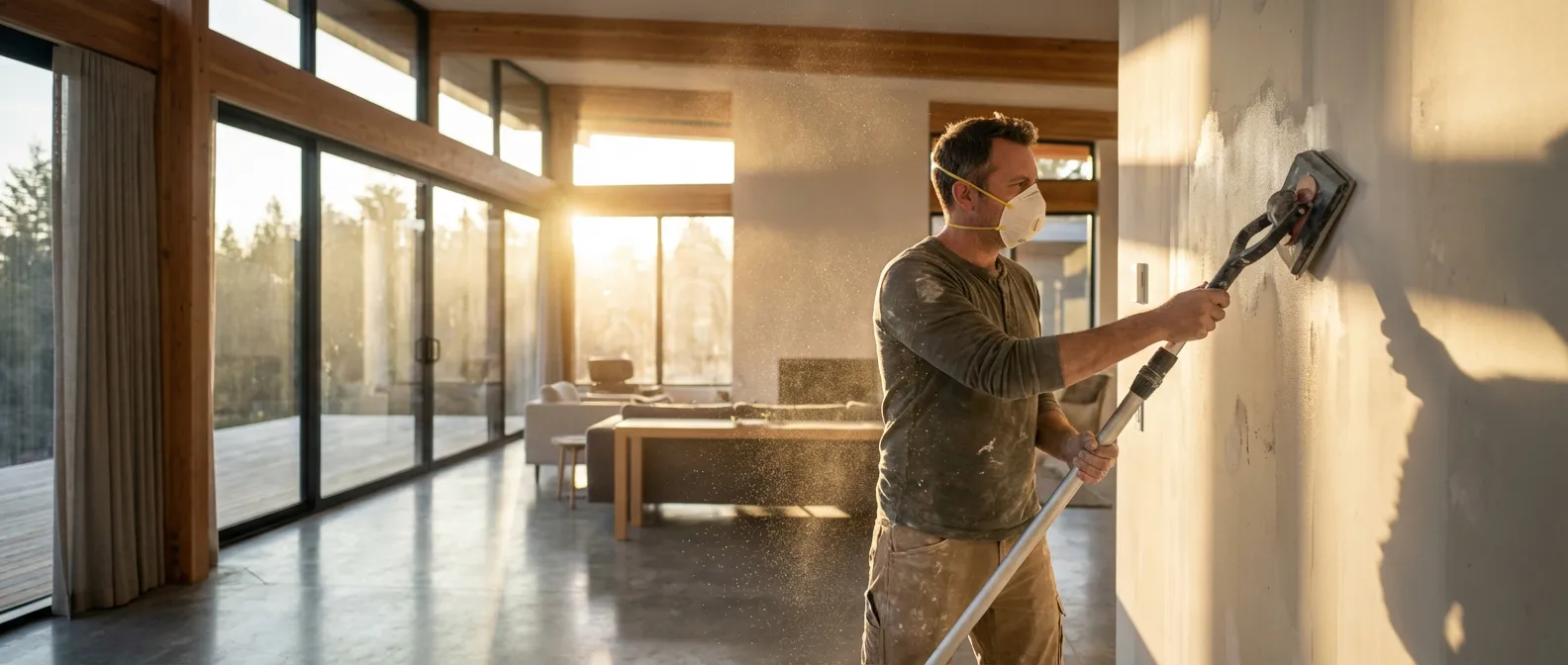 Maîtrise du ponçage des bandes de plâtre Artisan ponçant des bandes de placo dans un intérieur luxueux avec une lumière cinématique