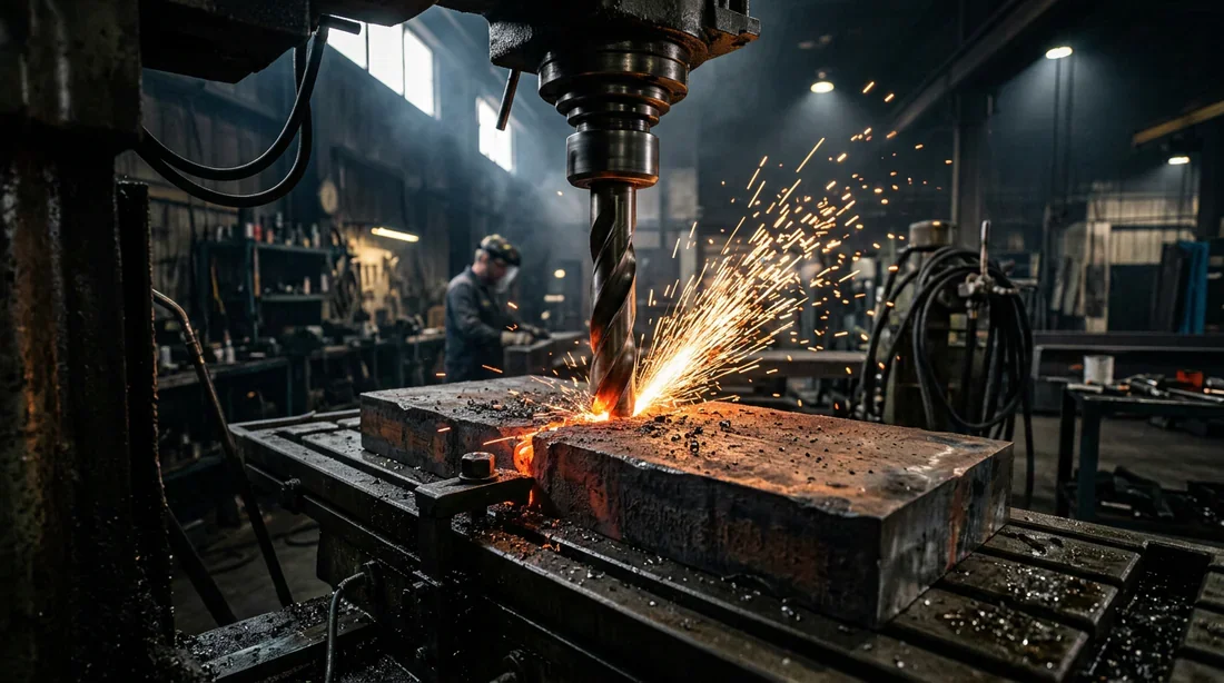 Percer l'acier trempé : une prouesse technique Perçage industriel d'une plaque d'acier trempé avec des étincelles