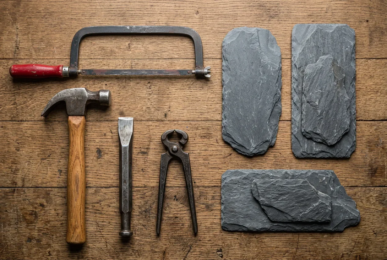 Les outils alternatifs pour découper l'ardoise Outils indispensables pour couper l'ardoise : scie à métaux, marteau, burin et pince tenaille.