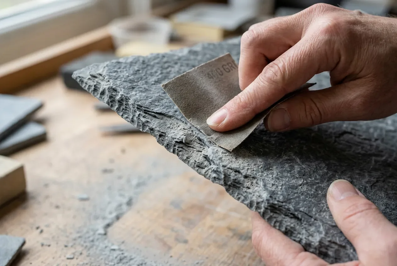 Finition et lissage des bords de l'ardoise Ponçage des bords d'une plaque d'ardoise avec du papier de verre pour une finition lisse.