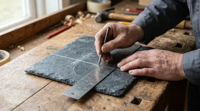 Un bricoleur marque une ligne de coupe sur une plaque d'ardoise avec une pointe métallique sur un établi.