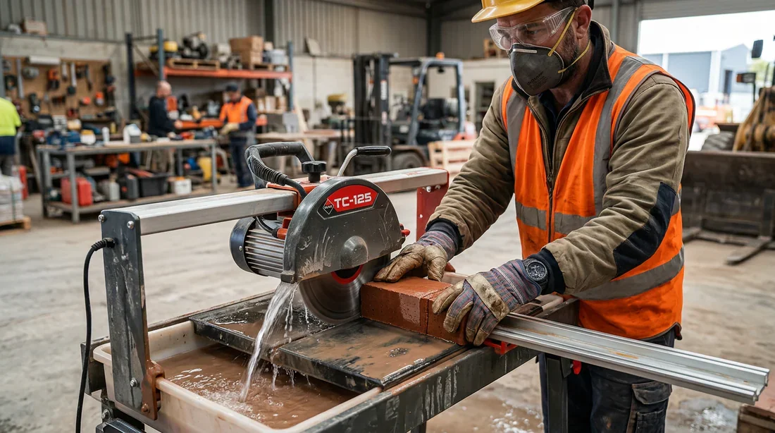 Artisan utilisant une scie sur table à eau pour découper une brique sans poussière