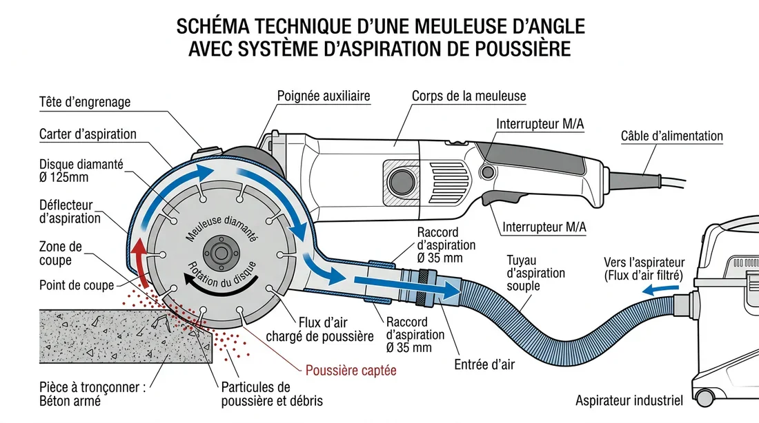 Schéma technique d'un système d'aspiration pour meuleuse