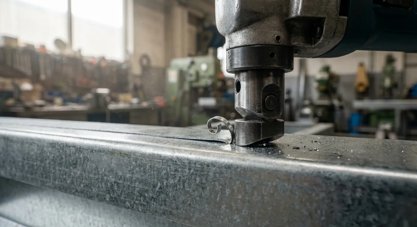 Détail d'une découpe précise à la grignoteuse sur une plaque de bac acier