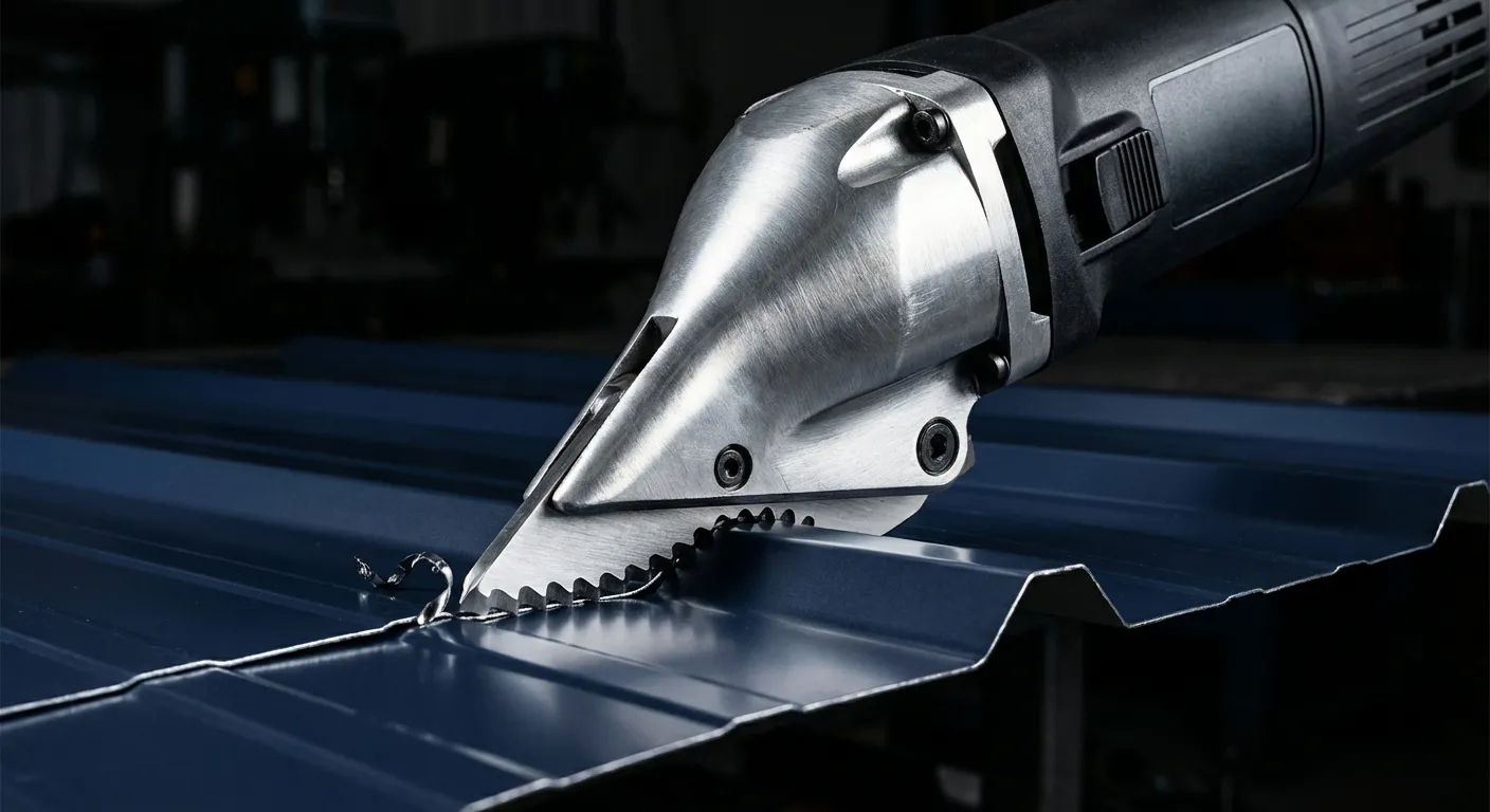 Gros plan sur une cisaille électrique coupant du bac acier de haute qualité