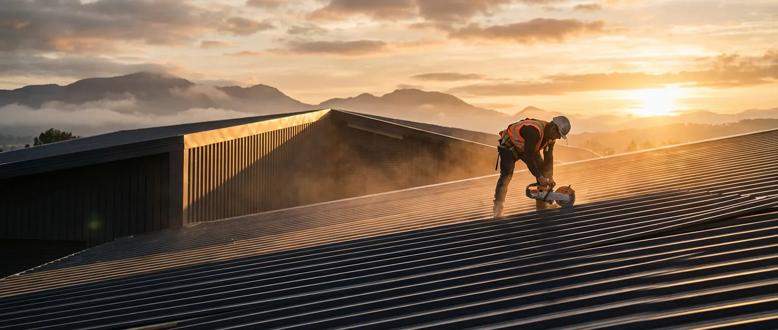 Professionnel de la toiture coupant du bac acier sur un chantier moderne au coucher du soleil