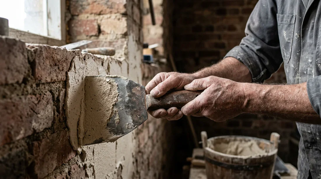 Artisan appliquant une couche de crépi à la chaux sur un mur intérieur