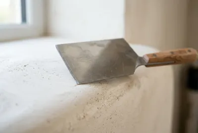 Gros plan macro sur la texture fine d'un crépi à la chaux et une truelle de finition