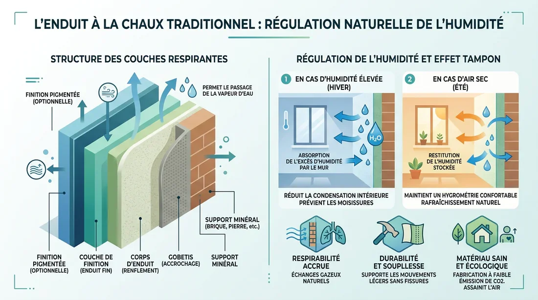 Infographie expliquant les propriétés respirantes et régulatrices d'humidité du crépi à la chaux