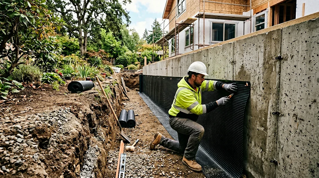 Pose de membrane delta ms sur une fondation de maison en construction