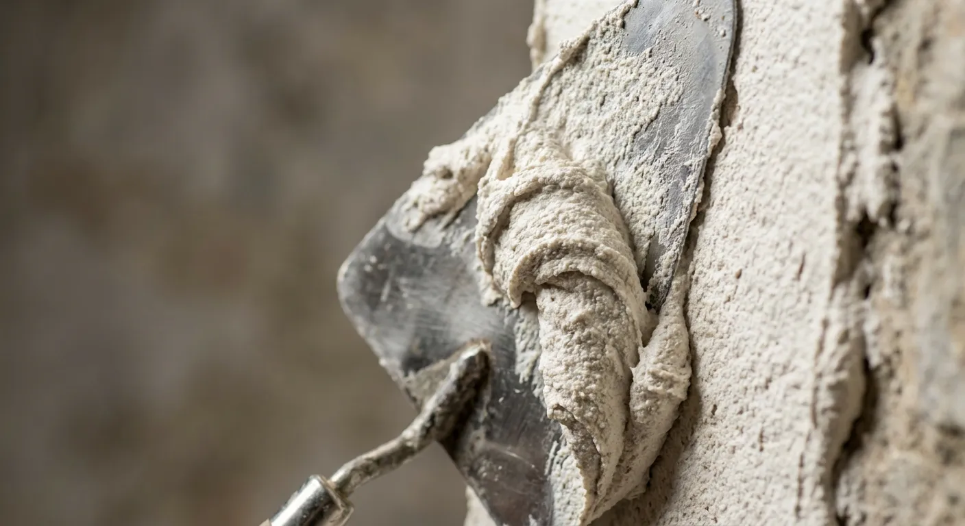 Gros plan d'une lisseuse étalant de l'enduit à la chaux blanc