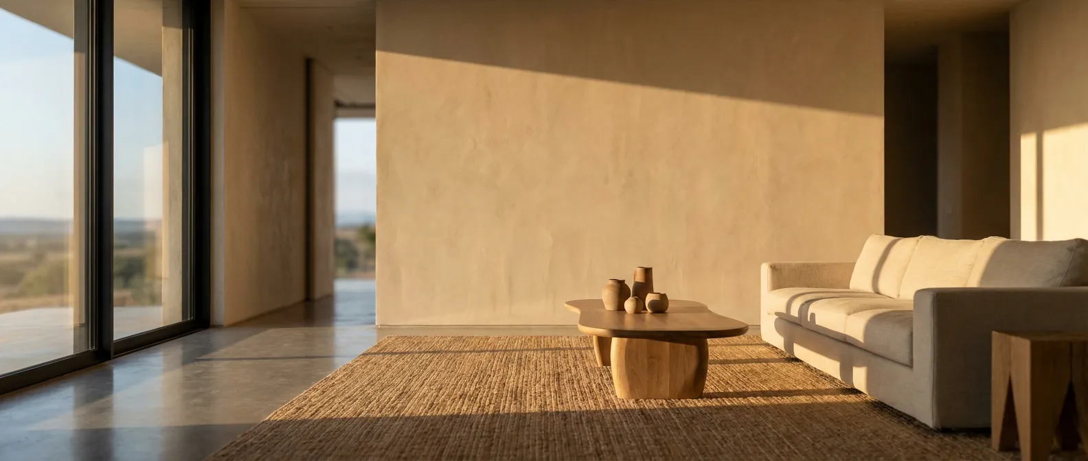 Intérieur moderne avec un mur de salon fini à l'enduit à la chaux texturé sur placo