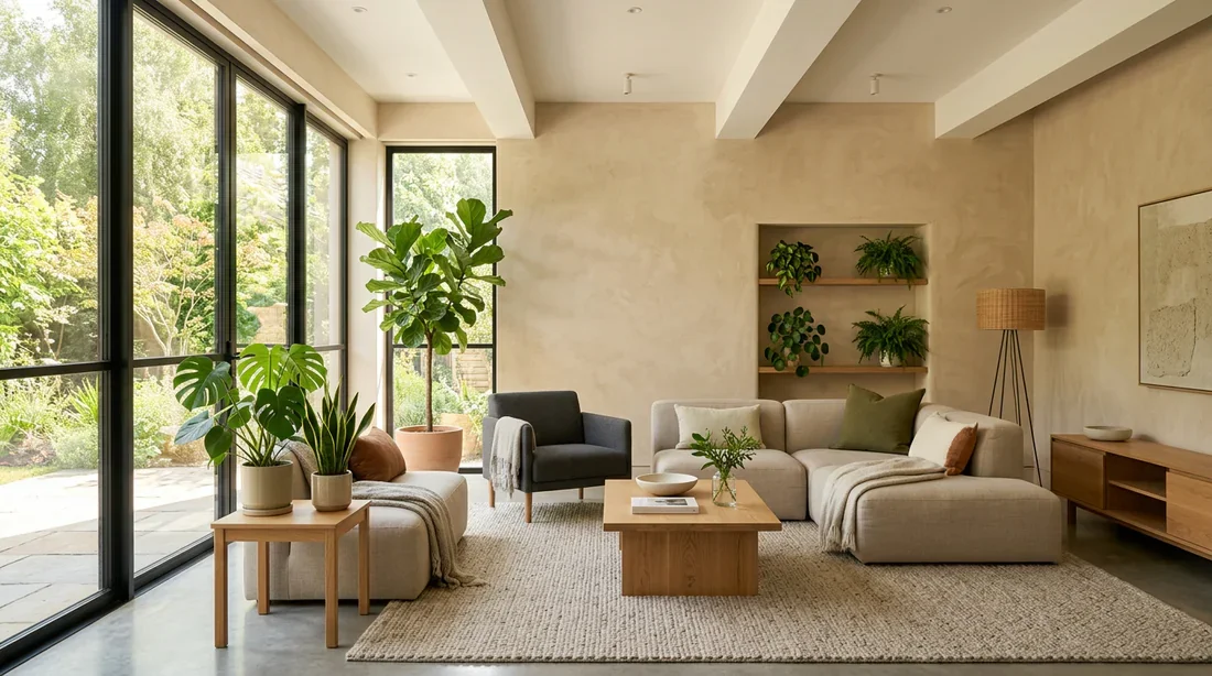 Décoration intérieure avec enduit écologique en terre crue sable Salon moderne et lumineux avec des murs en enduit de terre couleur sable et des plantes vertes