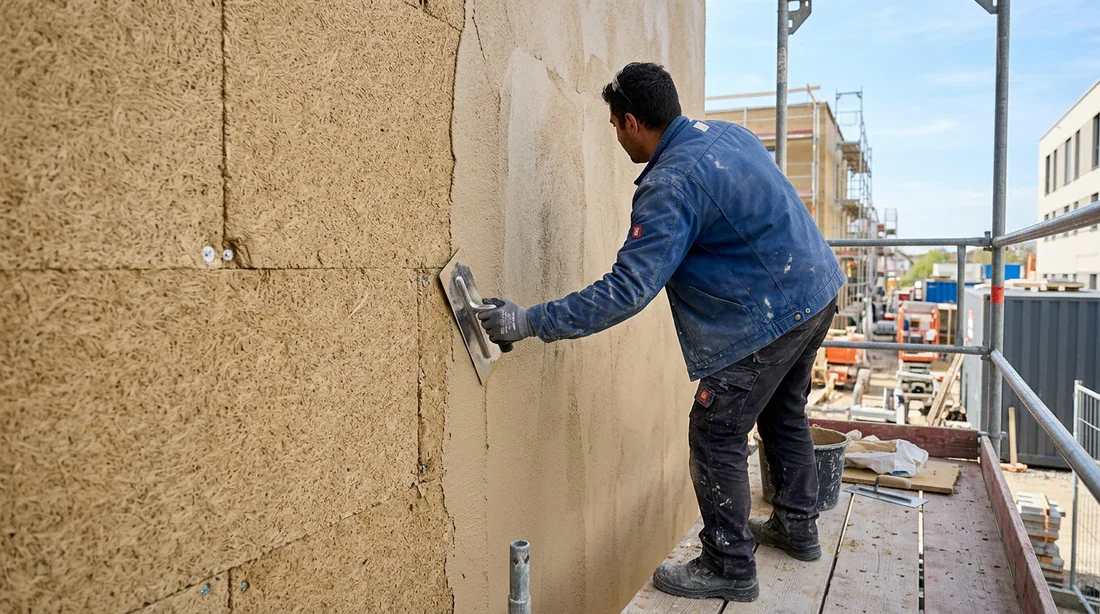Artisan façadier appliquant un enduit à la taloche sur un panneau d'isolation en fibre de bois