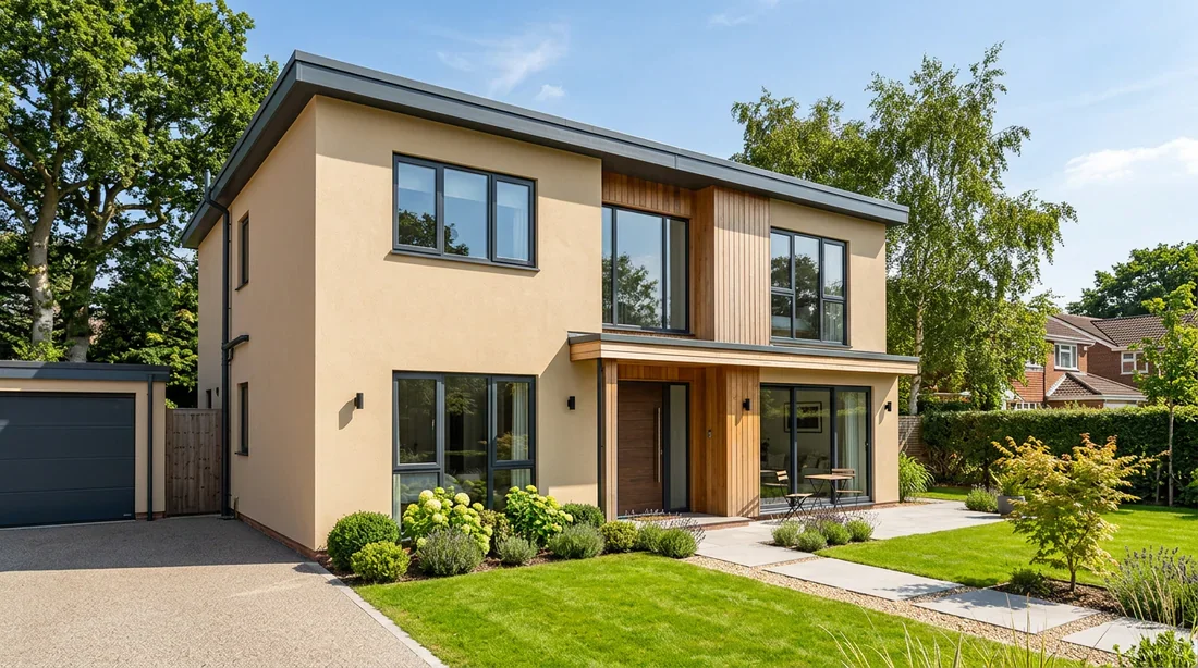Façade rénovée et enduite d'une maison individuelle après isolation thermique par l'extérieur